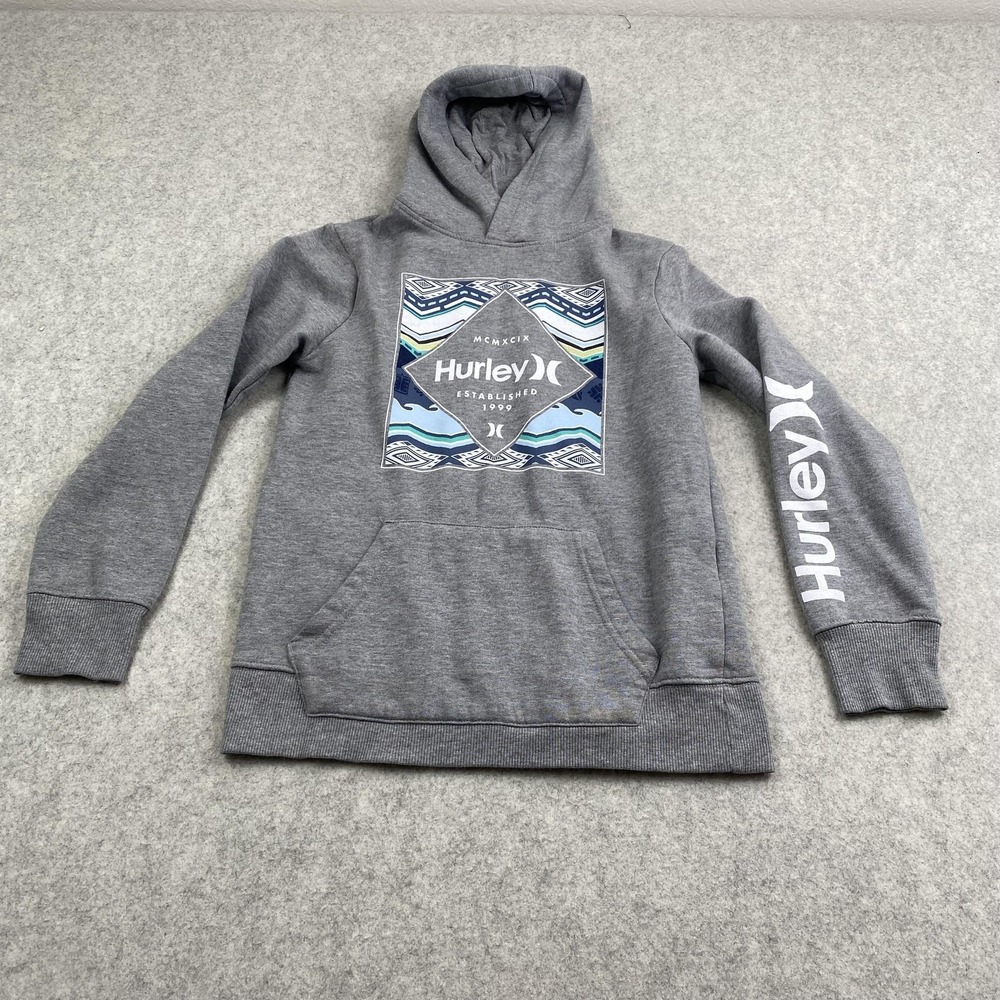 Hurley Hoodie Youth Medium (10-12) Gray Pullover Fleece Logo Sleeve Sweatshirt